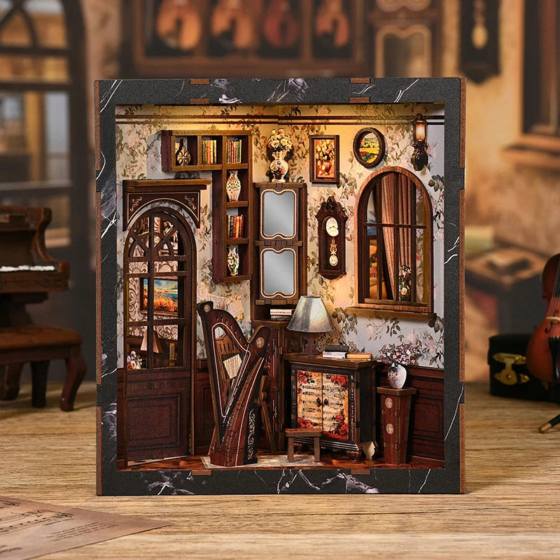 European Melody Musical Instrument Box DIY Miniature House, 3D Puzzle Bookend Model, Wooden Bookend. Creative Gift