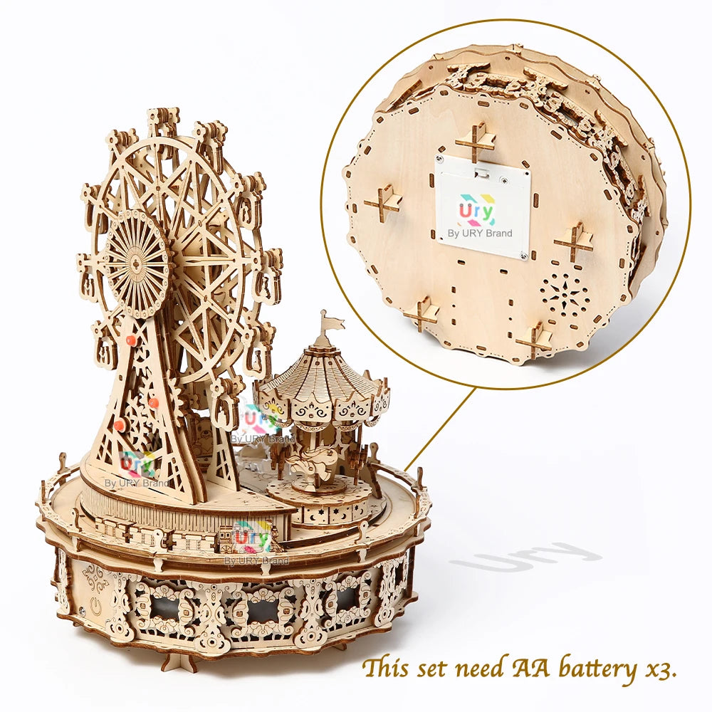 Ury 3D Wooden Puzzles Led Rotatable Ferris Wheel Amusement Park Music Octave Box Model Kit Assembly DIY Toy Gift for Kid Adult
