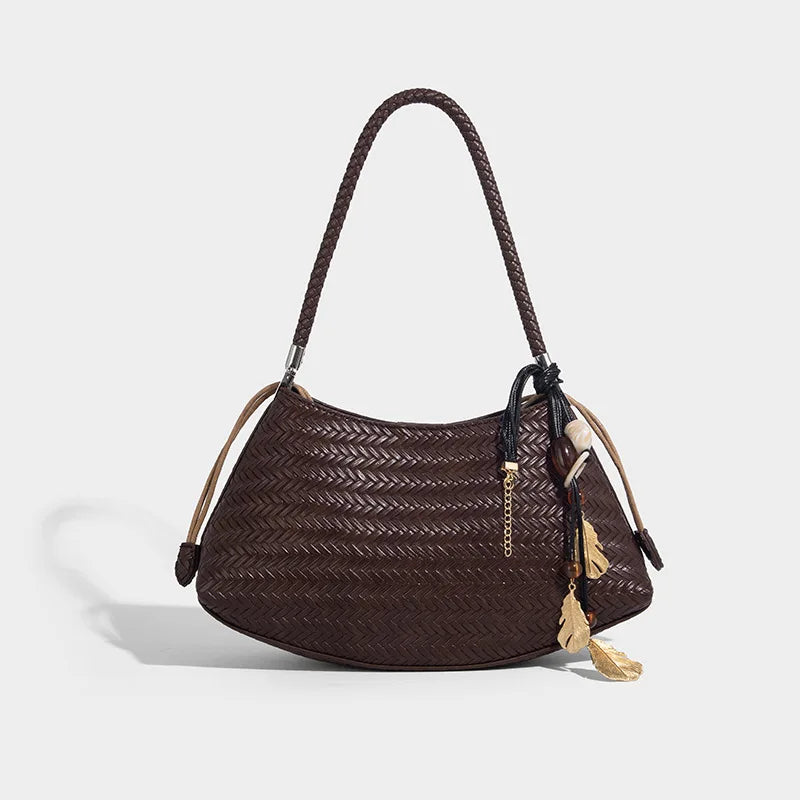 Handmade Weave PU Drawstring Tote Bags For Women Luxury Designer Handbags Purse 2025 New Vintage With Inner Pocket Shoulder