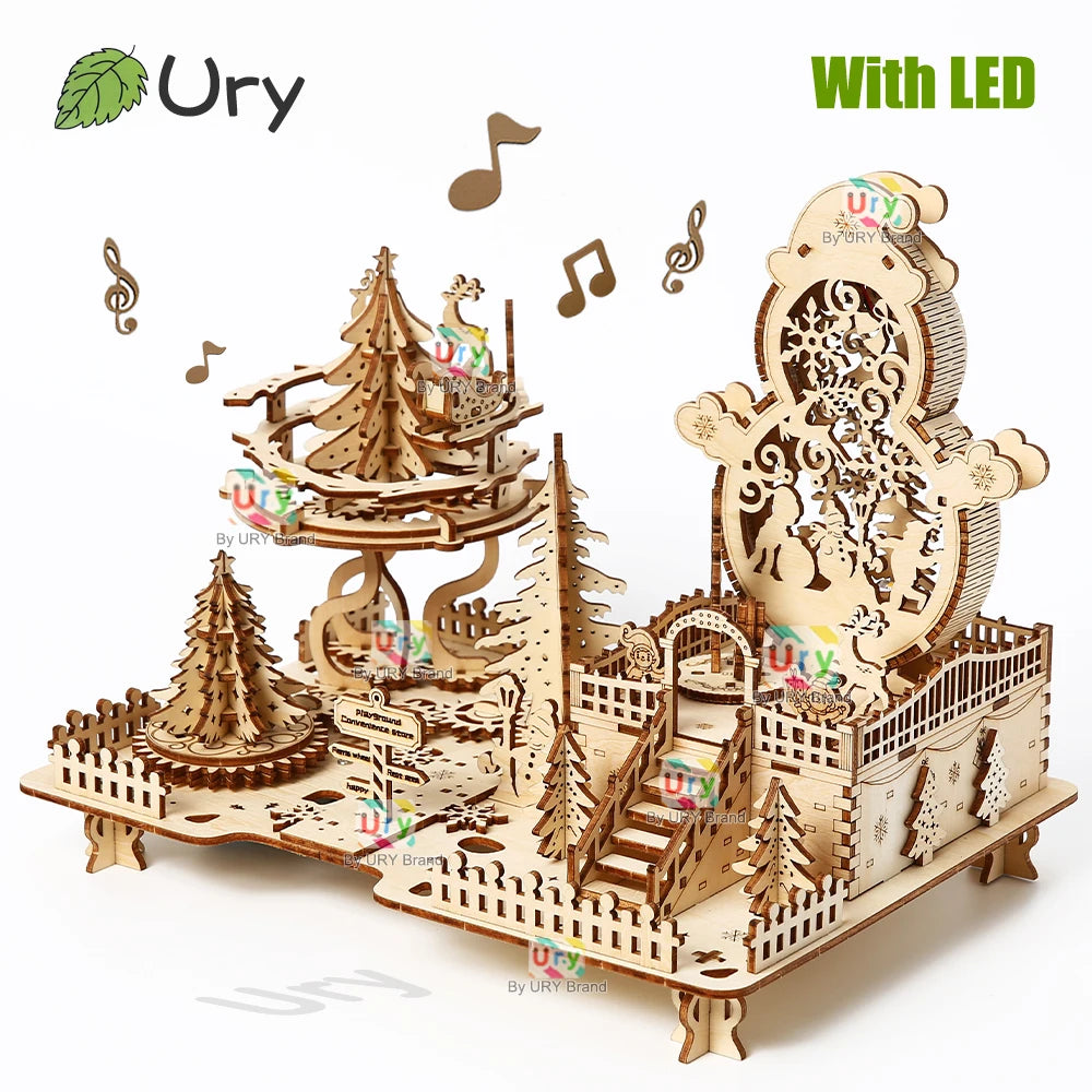 3D Wooden Puzzle Christmas Amusement Park Deer Carriage Music Box with Light Assembly Toy for Kid DIY Model Decoration for Gifts