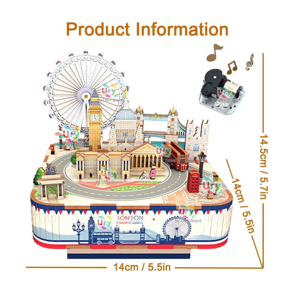 Ury 3D Wooden Puzzles Ferris Wheel London Scenery Rotatable Tour Bus  Bridge Music Box Model Kit Assembly DIY Toy Gift for Adult
