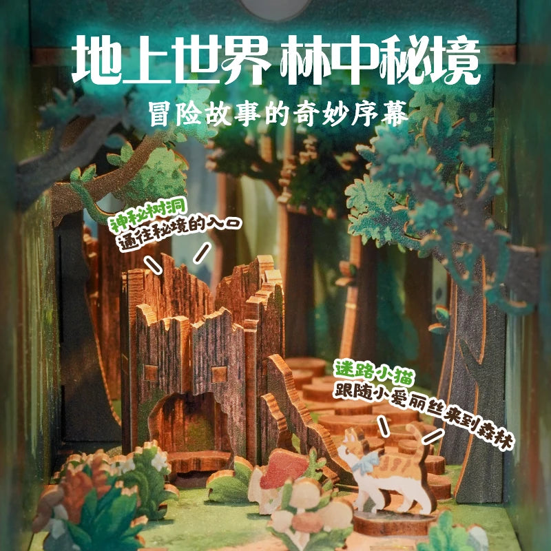 Tonecheer Alice in Wonderland Book Nook Dollhouse DIY Diorama Model Kit 3D Wooden Puzzle Wooden Bookend Decoration Birthday Gift
