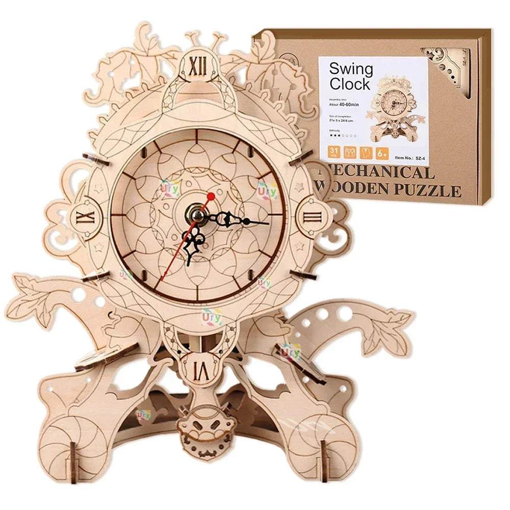 URY 3D Wooden Puzzle Retro Wall Clock Mechanical Model Building Luxurious Style Pendulum Assembly Home Decoration for Kids Gifts