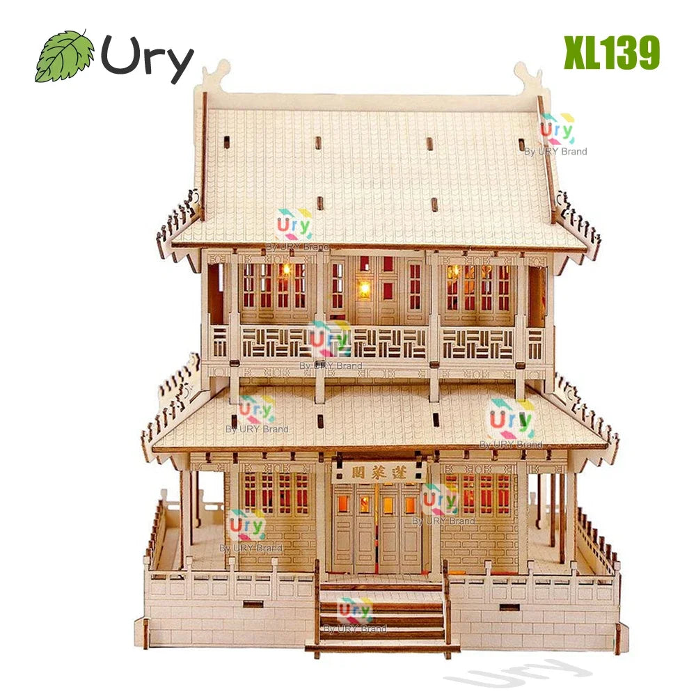 Ury 3D Wooden House Chinese Traditional Puzzle with Light Building DIY Model Game Assembly Desktop Toy Gift for Children Adult