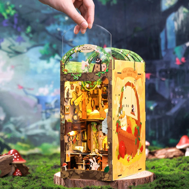 CUTEBEE DIY Gifts Ideas Book Nook Kit Crafts Wooden Doll House Touch Light Elven Paradise Diorama Bookshelf Insert Decor Model