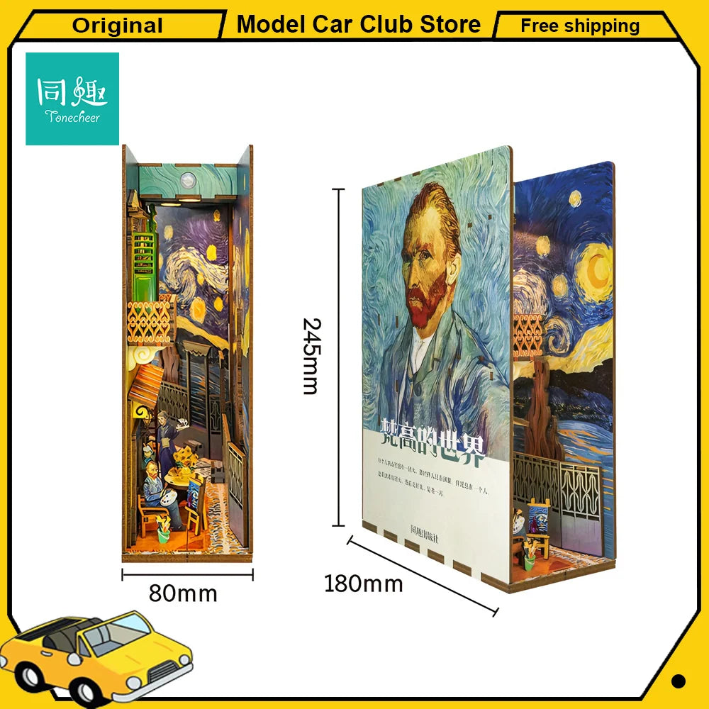 Tonecheer Vincent Willem Van Gogh DIY Book Nook Dollhouse Diorama Model Kit 3D Wooden Puzzle Wooden Bookend Decoration Toys Gift