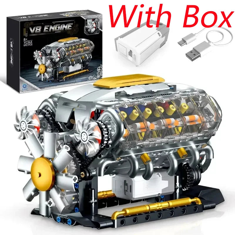 692 PCS MOC Technical Motorized V8 Engine Model Building Blocks Car Electrically Driven Engine Supercar Bricks Toys for Kid Gift