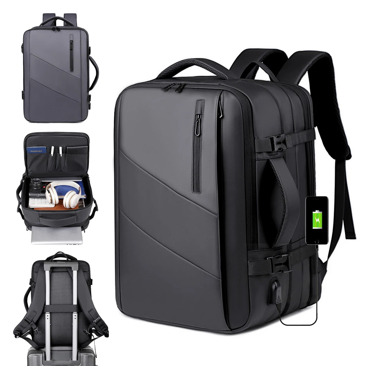 Quilted Expandable Laptop Backpack USB Port Lightweight Oxford Multi-Compartment Luggage Sleeve Work Bag for Travel Commute