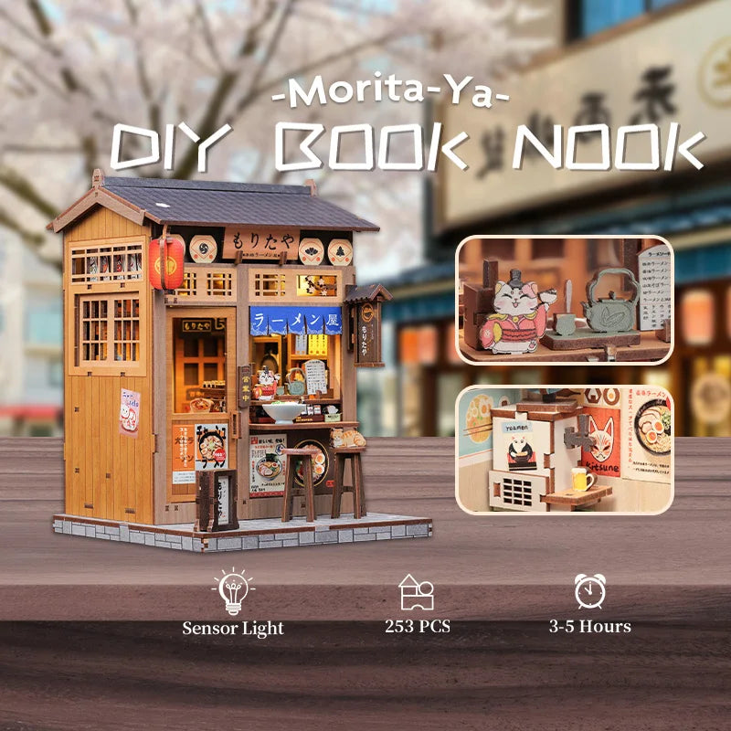 CUTEBEE Book Nook Kit DIY Doll House with LED Light Bookshelf Insert Amazing Gift for Child Morita-Ya Japanese Style