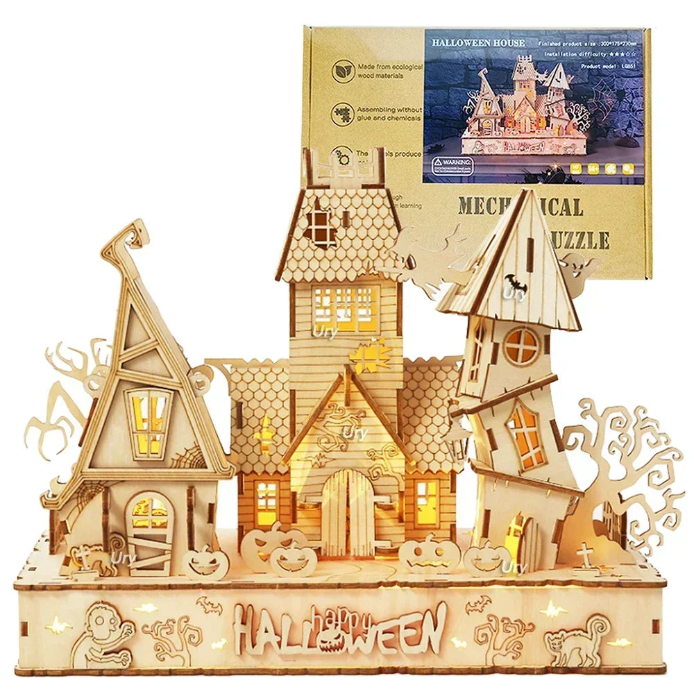 URY New 3D Halloween Haunted House Wooden Puzzle Ghost Tree Light DIY Model Craft Kits Desk Decoration Toys Gift for Kids