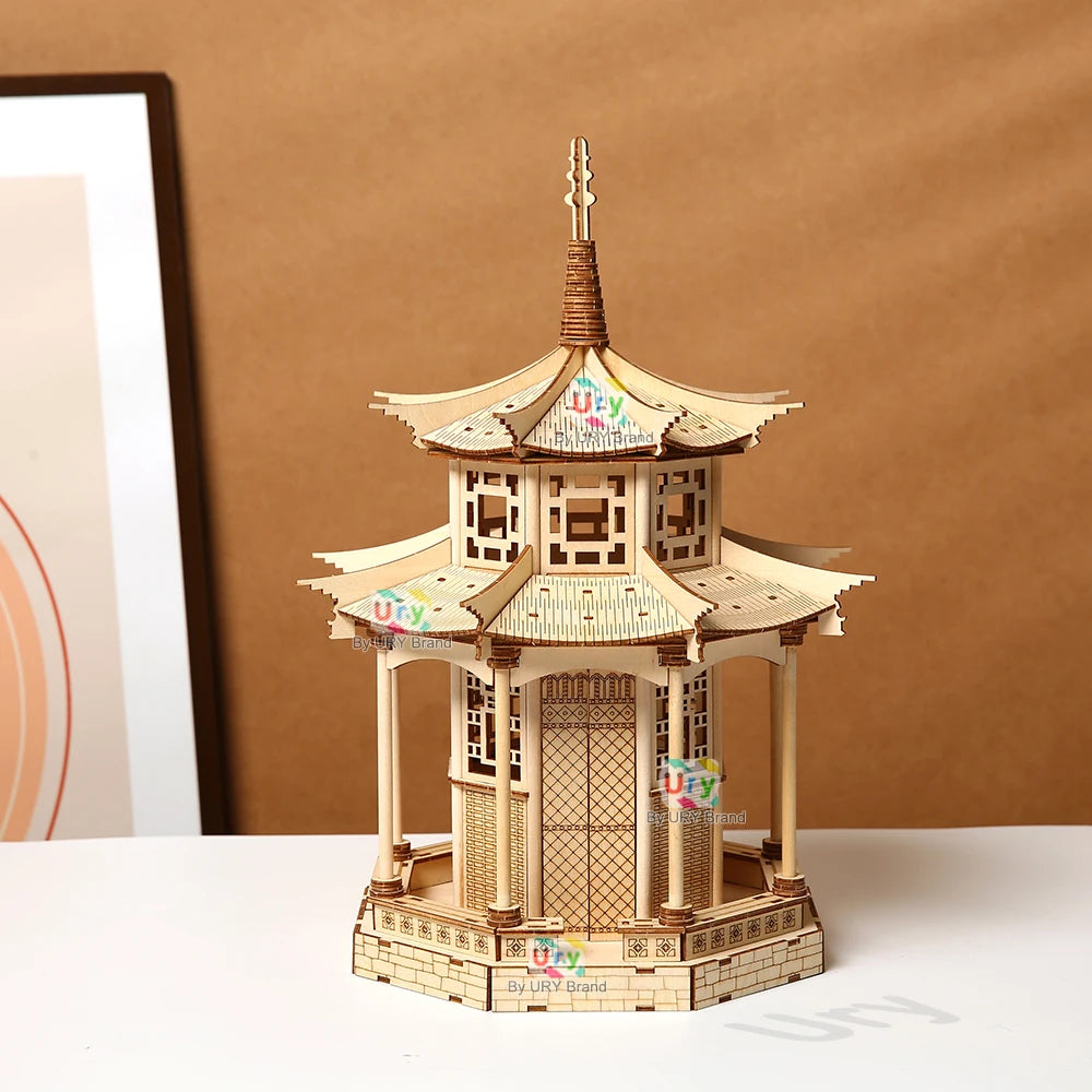 3D Wooden Puzzle Chinese Traditional Audience Pavilion Building DIY Model Game Assembly Desktop Toys Gift for Children Adults