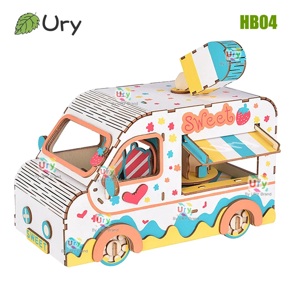 Ury 3D Wooden Puzzle Colorful Dessert Cart Beach Camping RV Truck Movable Retro Vehicle Assembly Model Decoration Gift for Kids