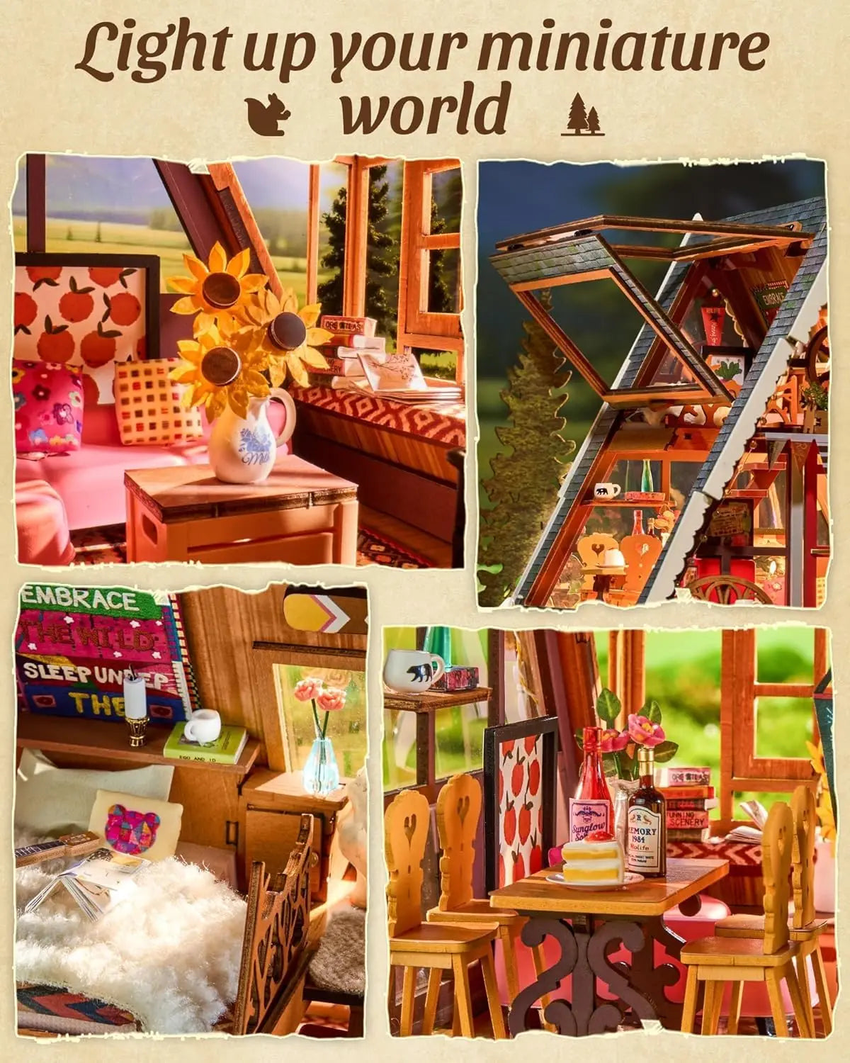 Robotime Rolife DIY Miniature House Kit A-Frame Cabin 3D Wooden Puzzle Tiny House with Openable Skylight for Teens & Adults