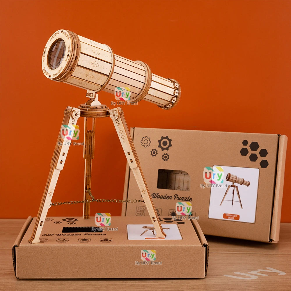 Ury 3D Wooden Puzzle Astronomical Telescope Model Mechanical Gear Kit Science Toy Hand Assembly Decoration Gift for Kid Adult