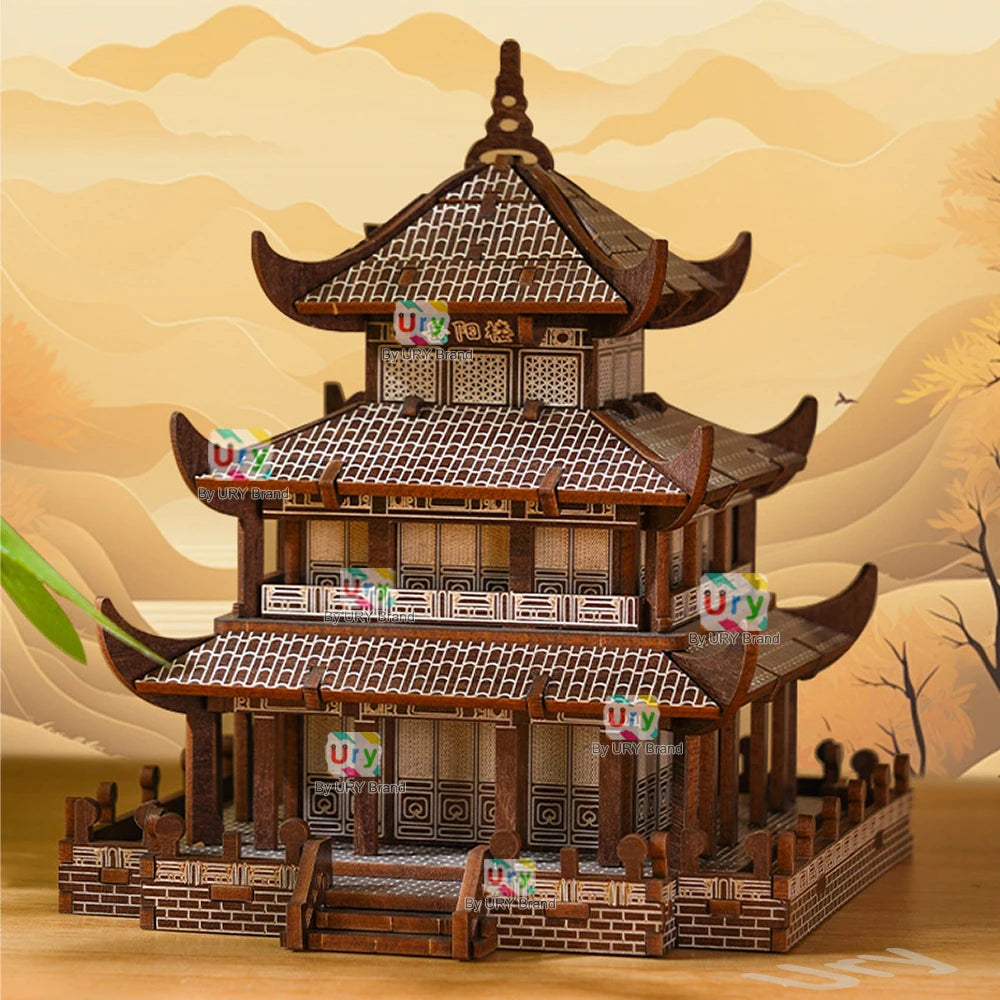 Ury 3D Wooden Puzzle Chinese Yueyang Tower Ancient Pagoda Traditional Building DIY Model Assembly Desktop Toy Gift for Adult