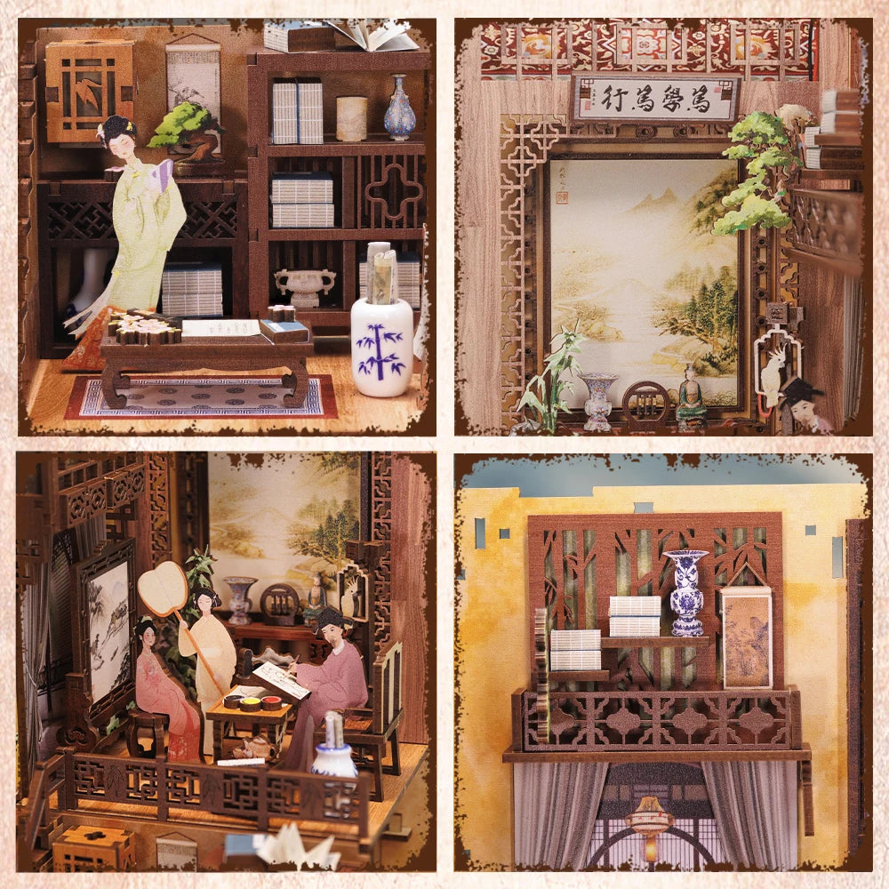 CUTEBEE Book Nook Dollhouse Kit With Touch Light Dust Cover DIY Miniature Doll House Toys For Birthday Gifts Ink Rhyme Bookstore