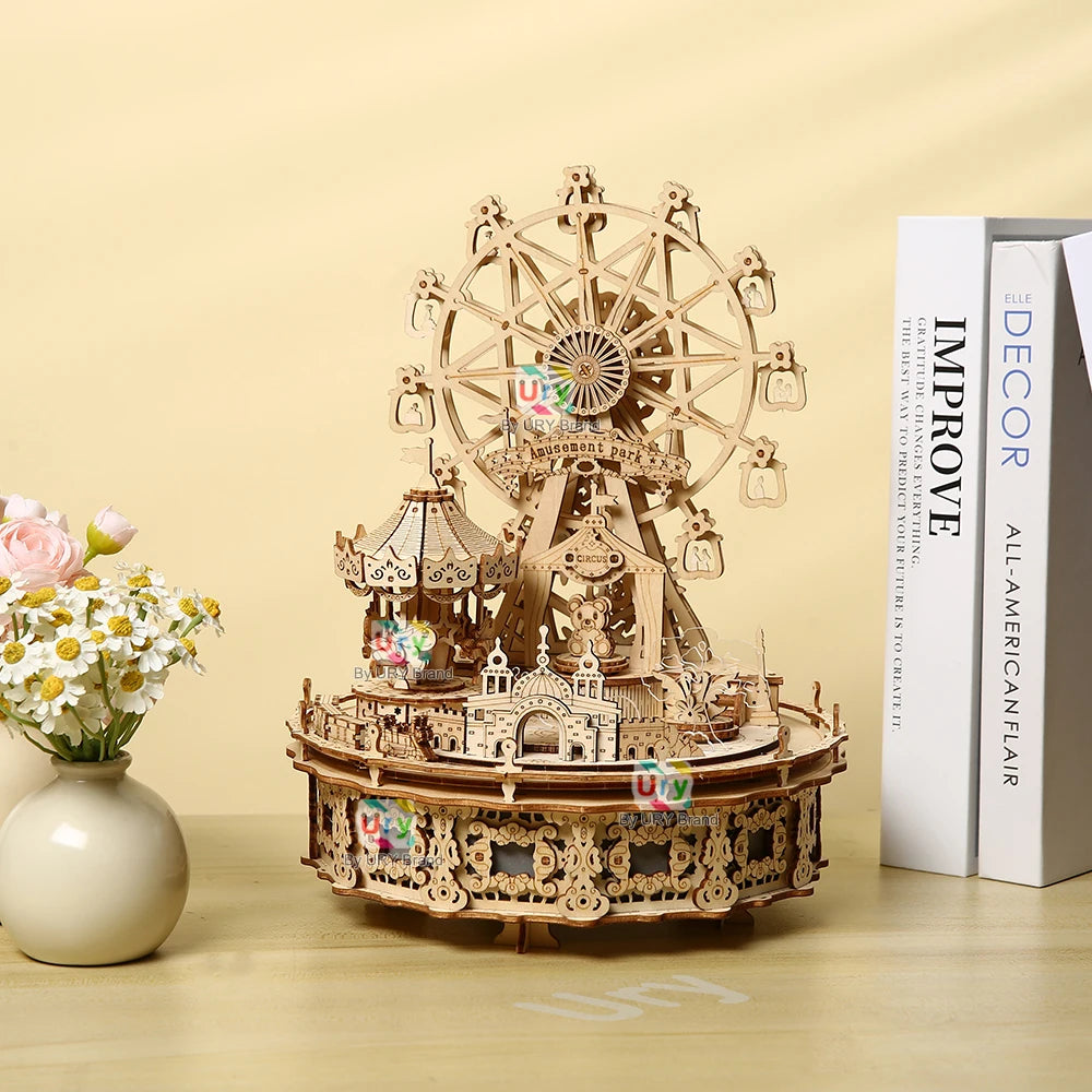 Ury 3D Wooden Puzzles Led Rotatable Ferris Wheel Amusement Park Music Octave Box Model Kit Assembly DIY Toy Gift for Kid Adult
