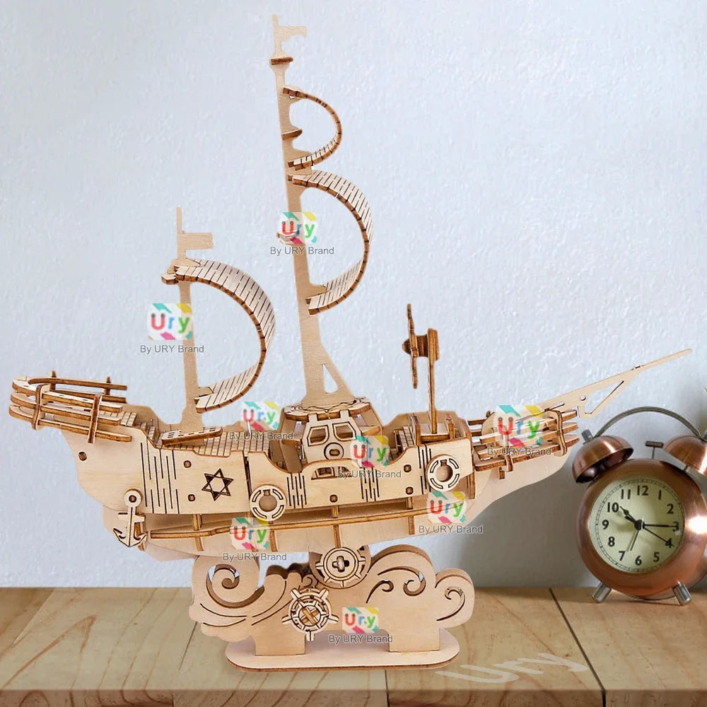 Ury DIY 3D Wooden Puzzle Retro Style Sailboat Shipping Model Toys Handmade Set Home Desktop Decoration Christmas Gifts for Kids