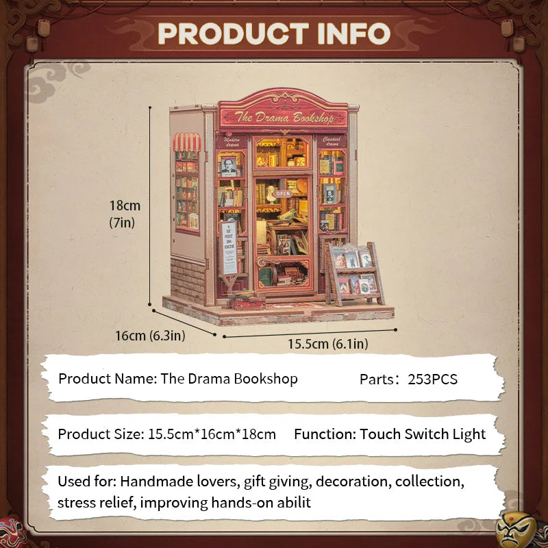 CUTEBEE Book Nook Kit DIY Doll House with LED Light Bookshelf Insert The Drama Bookshop Model Collection For Birthday Child Gift