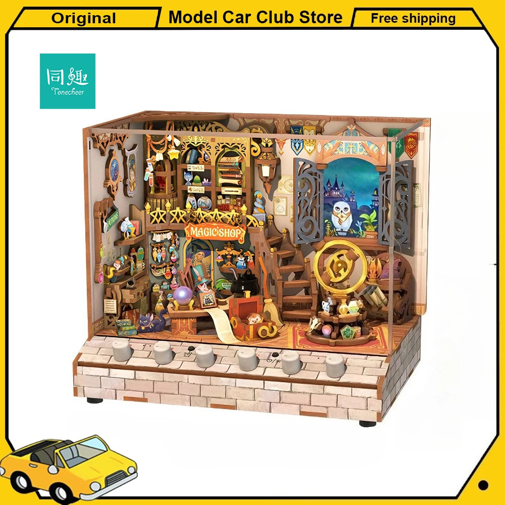 Tonecheer Magic Shop Music Box Building Blocks Scenario Cottage Diorama Model Kit DIY 3D Wooden Puzzle Decoration Birthday Gift