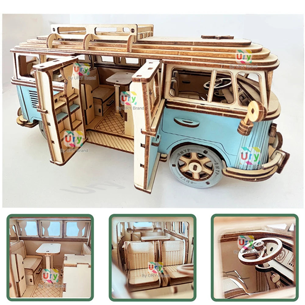 Ury 3D Wooden Puzzle Retro Camping Car Bus Classic Nostalgic Movie Vehicle Assembly Model DIY Decoration Gift Toys for Kid Adult