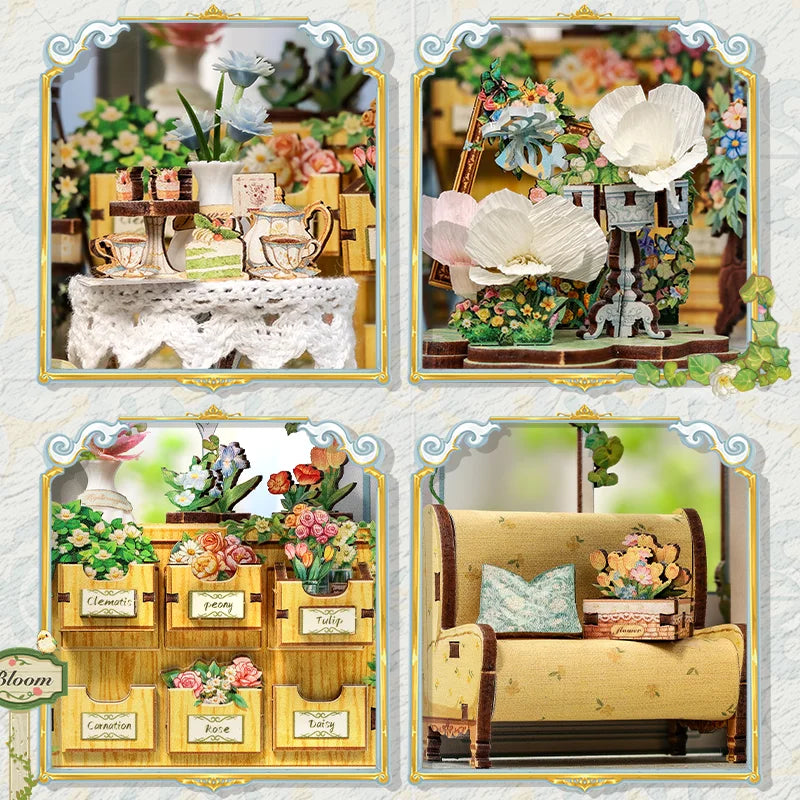 CUTEBEE DIY Book Nook Kit Windsor Flower House Wooden Bookshelf Insert 3D Building Model Miniature Dollhouse for Adults Gift