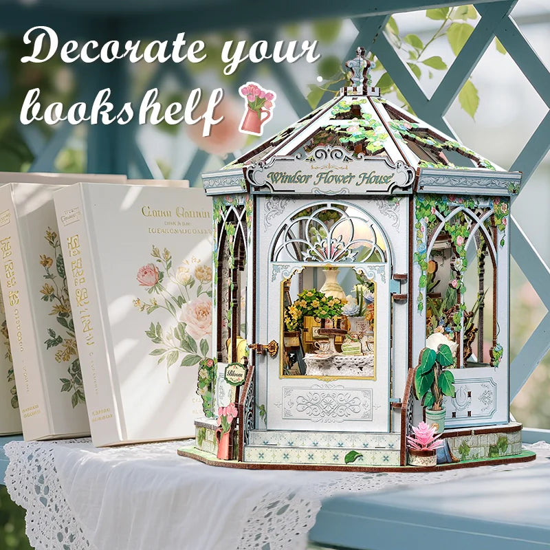 CUTEBEE DIY Book Nook Kit Windsor Flower House Wooden Bookshelf Insert 3D Building Model Miniature Dollhouse for Adults Gift