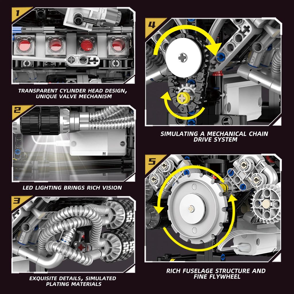 Supercar V8 Engine Technic Parts Block Model 689 Pellet Motor Drive with Light Ambience Perfect Gift for Boys Christmas Birthday