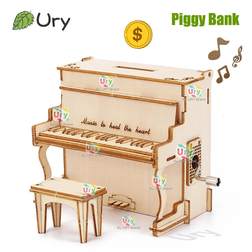Ury DIY 3D Puzzle Piggy Bank Piano Hand Cranked Music Octave Box Wooden Model Mechanical Kits Assembly Decor Toys Gifts for Kids