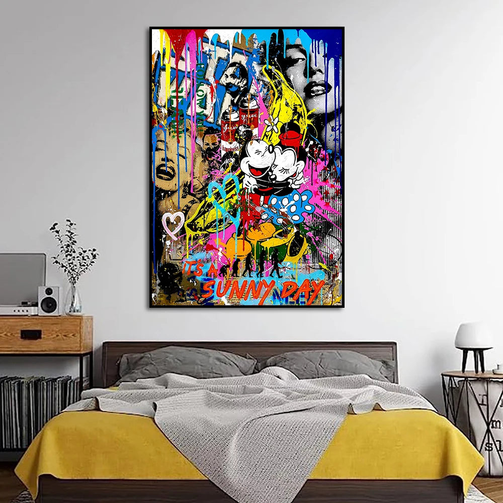 Banksy Mickey and Minnie Mouse Street Graffiti Poster Pop Wall Art Canvas Painting Print Abstract Picture for Home Decor Cuadros