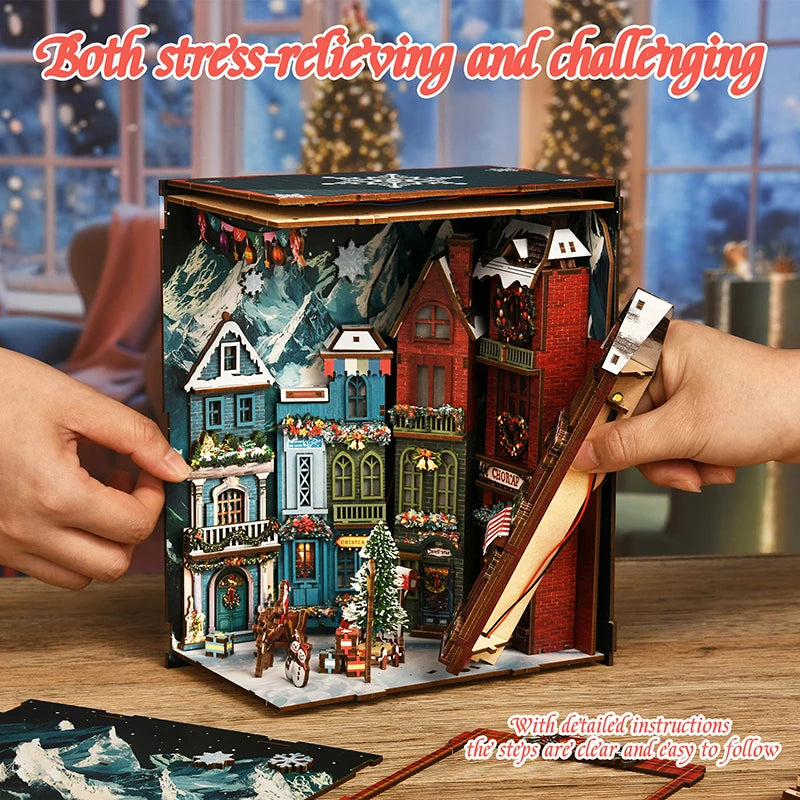 New Christmas Street Corner Book Nook DIY Kit - Bookend Model House, Handcrafted Assembly, Creative Gift Christmas Black Friday