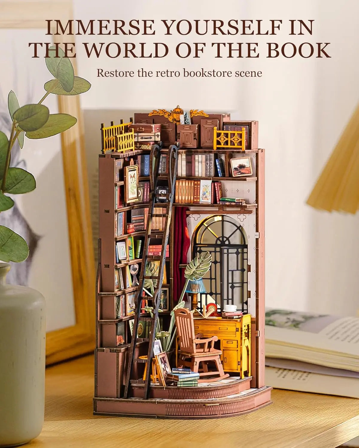 Robotime Silent Corner Study DIY Book Nook Shelf Insert Wooden Miniature Doll House for Bookshelf Insert Furniture TGE02