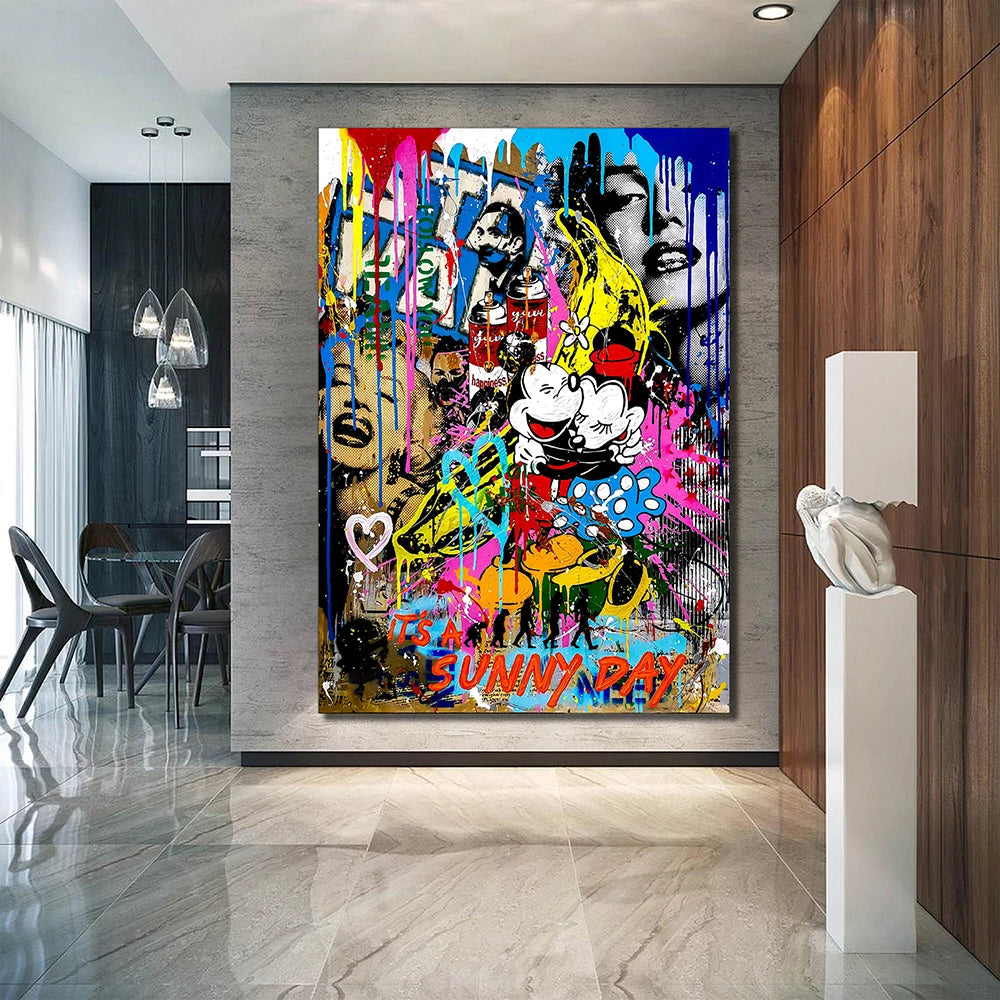Banksy Mickey and Minnie Mouse Street Graffiti Poster Pop Wall Art Canvas Painting Print Abstract Picture for Home Decor Cuadros