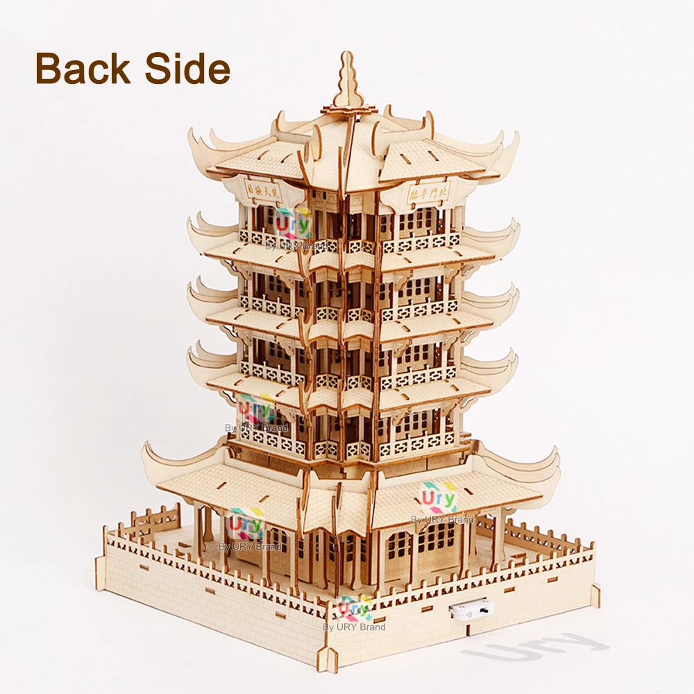 Ury 3D Wooden House Chinese Traditional Puzzle with Light Building DIY Model Game Assembly Desktop Toy Gift for Children Adult