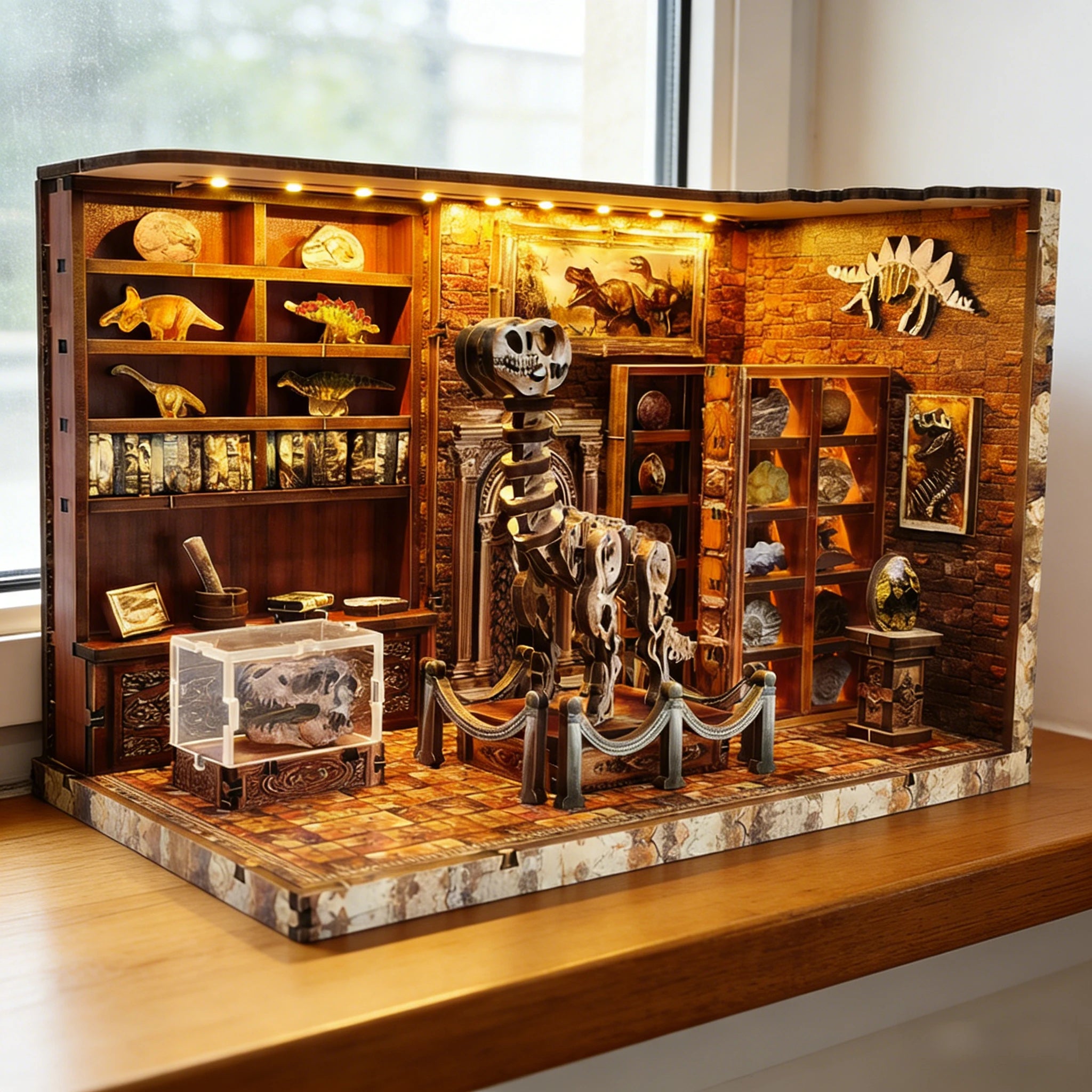 DIY Dinosaur Research Institute - Hand-Assembled Wooden Bookend Model, Miniature House  Creative Gift for Home Decor Collection