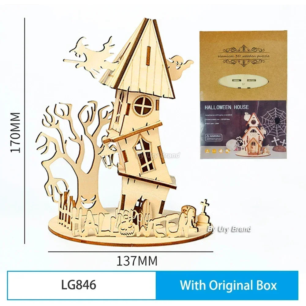 URY New 3D Wooden Puzzle Halloween Holiday Gift Ghost Tree House DIY Model Assembly Craft Kits Desk Decoration For Kids