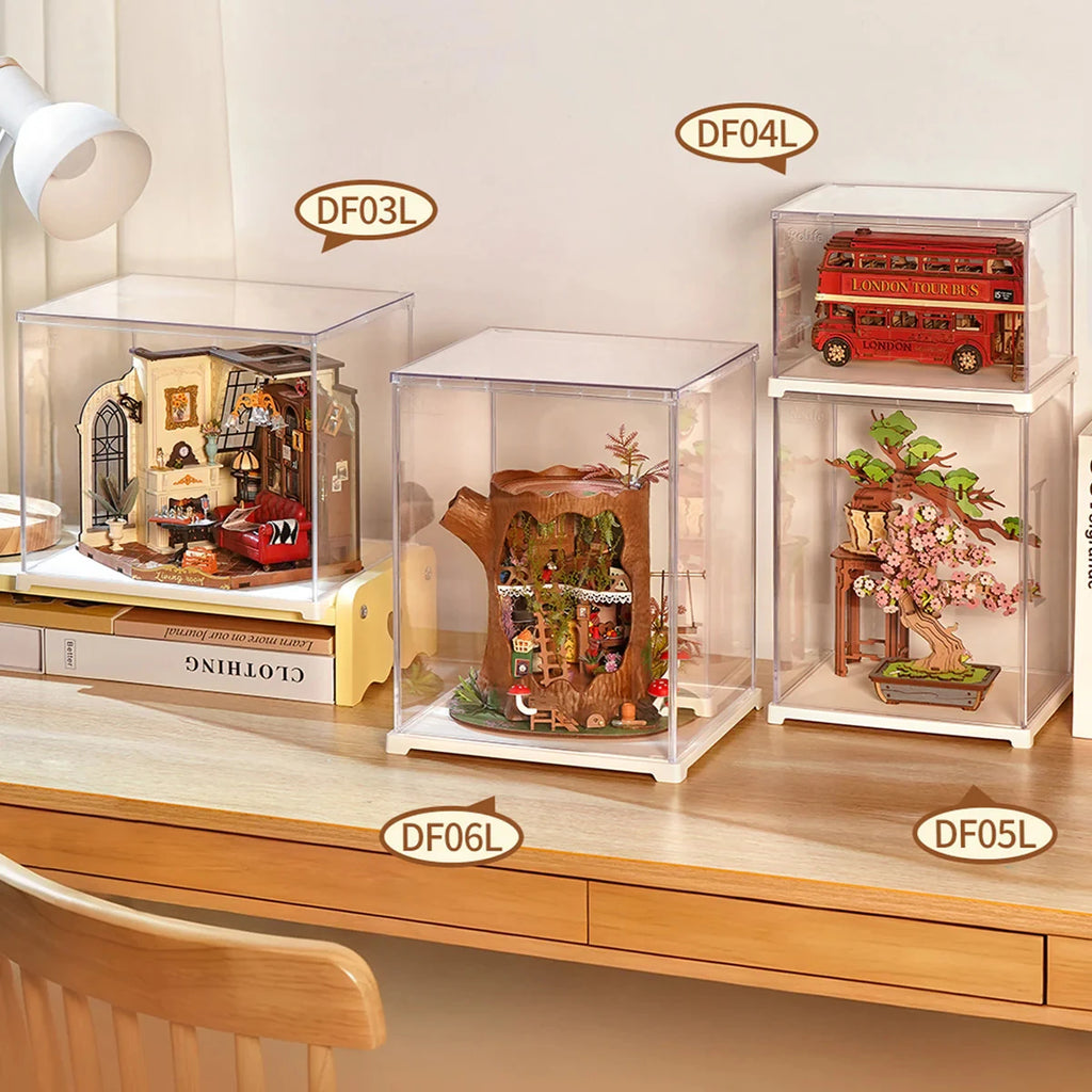 ROBOTIME Rolife Clear Display Case Portrait Size with Front Door Stackable Design Dust Proof Showcase for Miniature Houses
