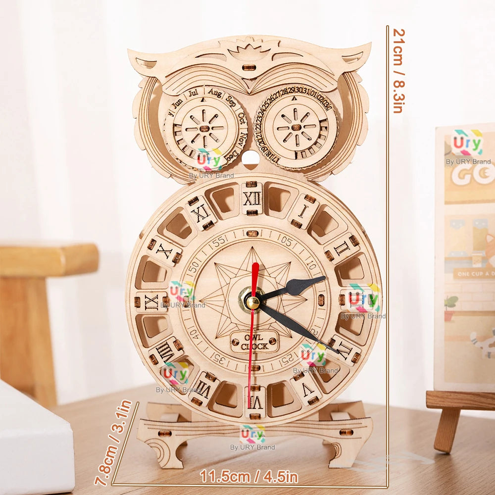 Ury 3D Wooden Puzzle Retro Pendulum Owl Wall Clock Model Set Hygrometer Mechanical Gear Decoration Hand-assembled Toy Kids Gift