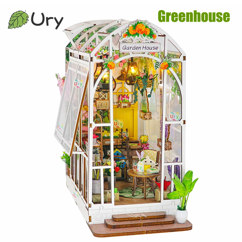 Ury 3D Wooden Puzzle LED Book Greenhouse Transparent Flower House Nook Shelf Insert Miniature Fairy Tale Town Girls Xmas Gift