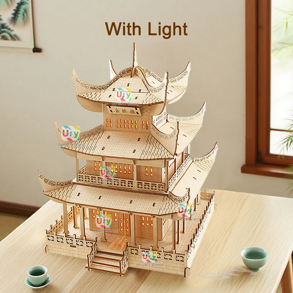 Ury 3D Wooden House Chinese Traditional Puzzle with Light Building DIY Model Game Assembly Desktop Toy Gift for Children Adult