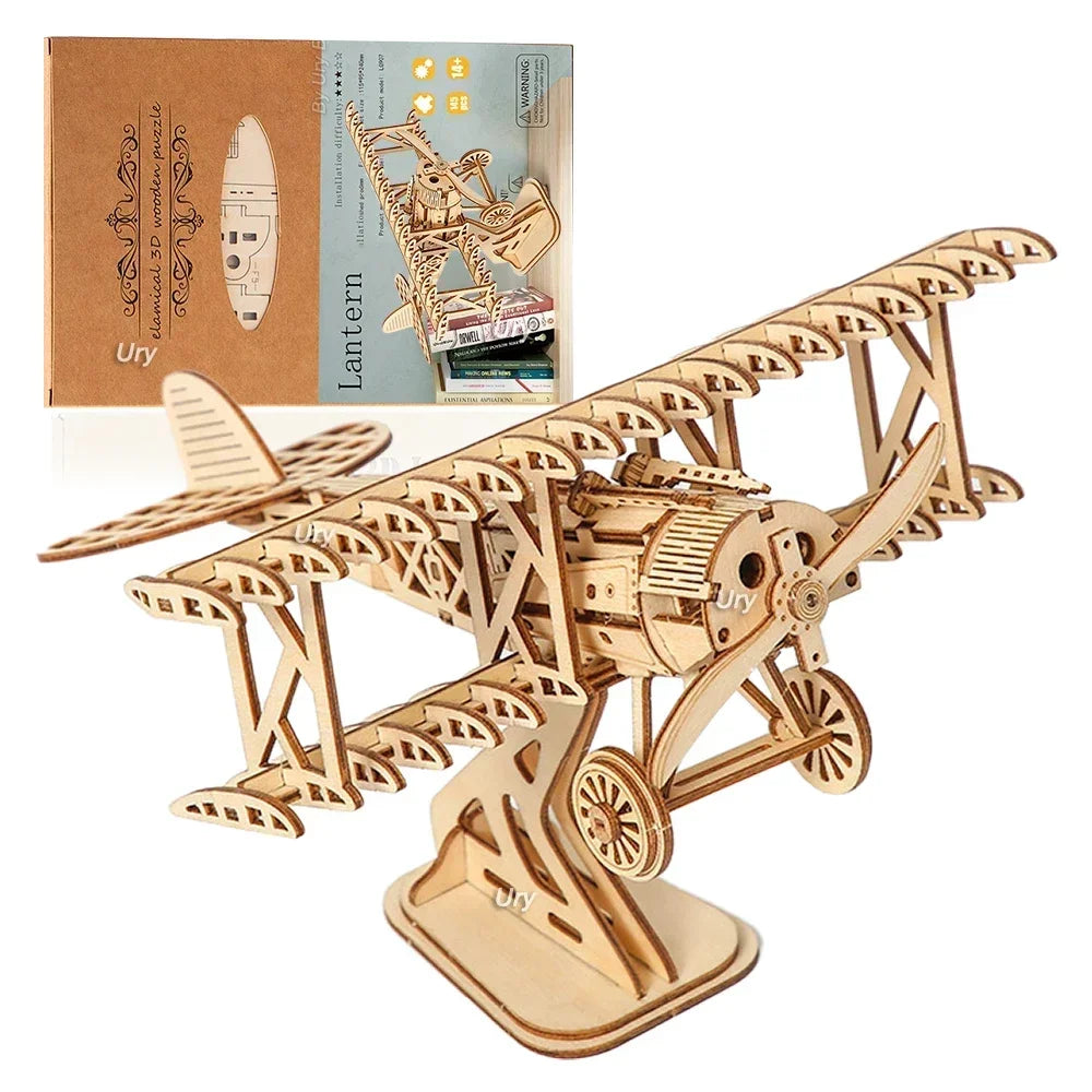 Ury 3D Wooden Puzzle Movable Retro Biplane Crane Bulldozer Handmade Assembly Truck Model DIY Toys Decoration Gift for Kids
