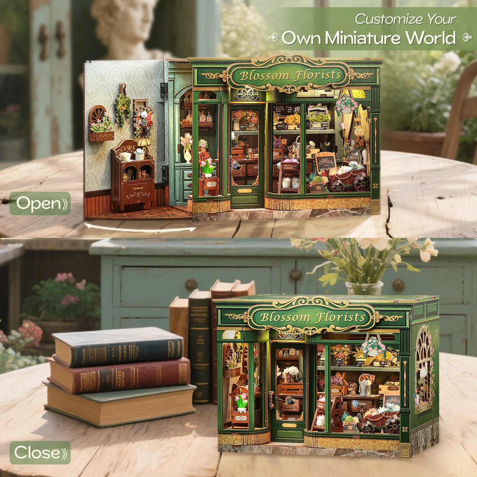 CUTEBEE Book Nook Kit DIY Doll House with LED Light Bookshelf Insert Blossom Florists Miniature Model For Birthday Family Gift