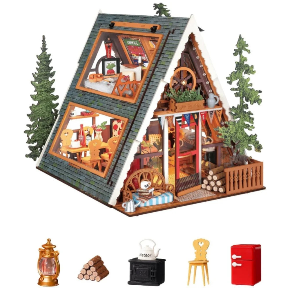 Robotime Rolife DIY Miniature House Kit A-Frame Cabin 3D Wooden Puzzle Tiny House with Openable Skylight for Teens & Adults