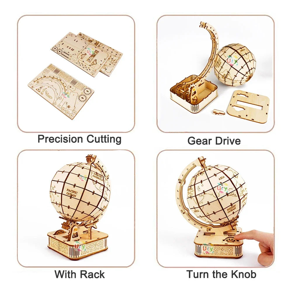 Ury 3D Wooden Puzzle Globe Rotatable Model Mechanical Gear Kit Building Block Toy Hand Assembly Decoration Gift for Kids Adult
