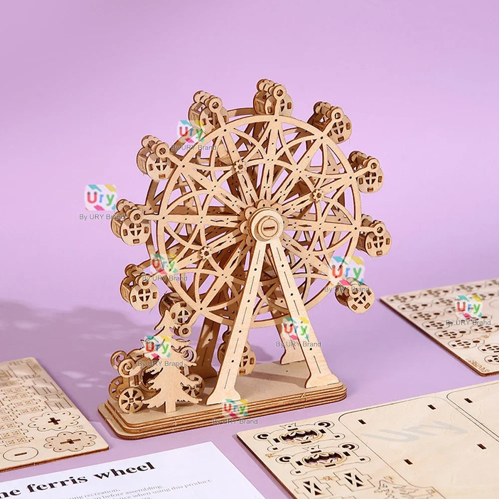 DIY Laser Cutting 3D Wooden Puzzle Ferris Wheel Carousel Mechanical Model Assembly Craft Kits Desk Decoration for Christmas Gift
