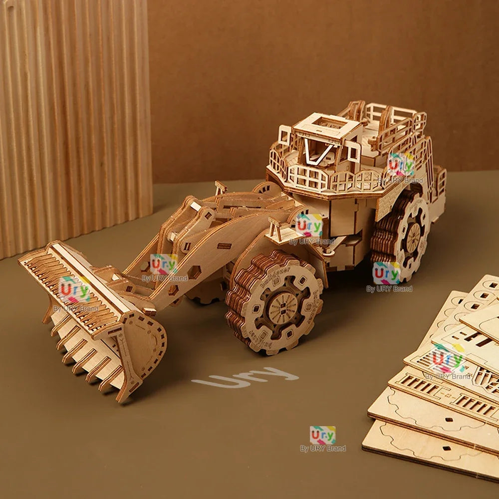 Ury 3D Wooden Puzzle Movable Retro Biplane Crane Bulldozer Handmade Assembly Truck Model DIY Toys Decoration Gift for Kids