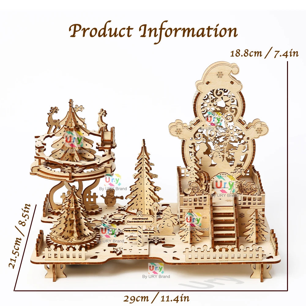 3D Wooden Puzzle Christmas Amusement Park Deer Carriage Music Box with Light Assembly Toy for Kid DIY Model Decoration for Gifts