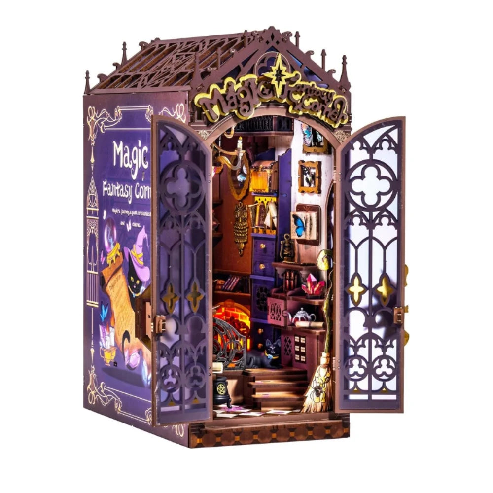 Robotime Rolife Book Nook Kits Magic Fantasy Corner DIY Booknook with Lights Miniature House Kit 3D Wooden Puzzle Bookshelf Gift