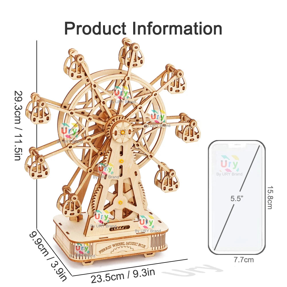 Rotatable DIY 3D Puzzles Mini Ferris Wheel Music Octave Box Wooden Model Mechanical Kits Assembly Decor Toy Gift for Kids Adult