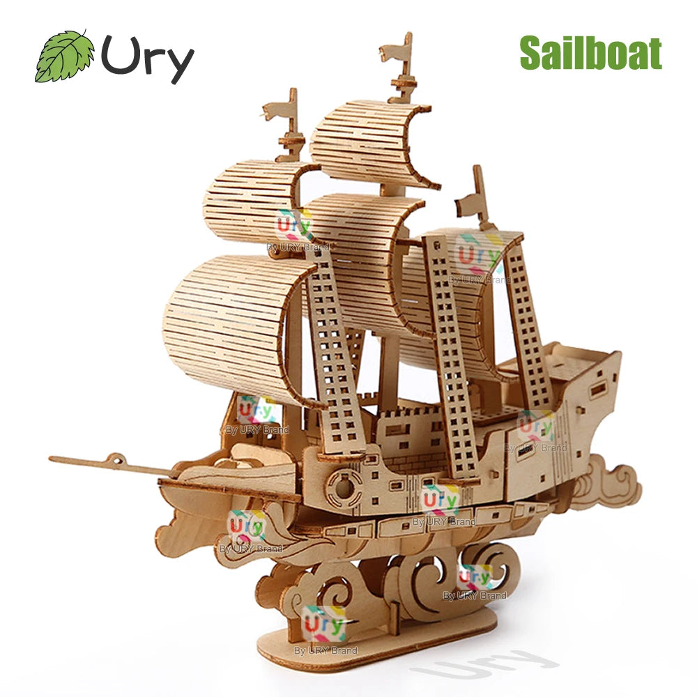 URY DIY 3D Wooden Puzzle Retro Style Sailboat Shipping Model Kits Toys Handmade Set Home Desktop Decoration Christmas Gifts